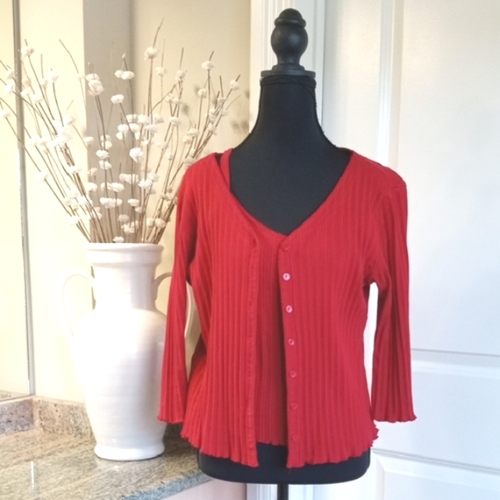 Vintage Liz Sport Vibrant Red Ribbed Cardigan And Matching Camisole Set Size M